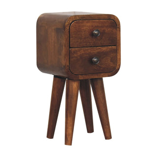 Chestnut bedside cabinet showing two drawers with metal knobs and splayed tapered legs.