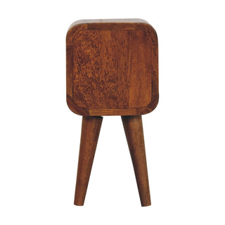 Rear view of the curved chestnut bedside cabinet showing the back panel and splayed legs.