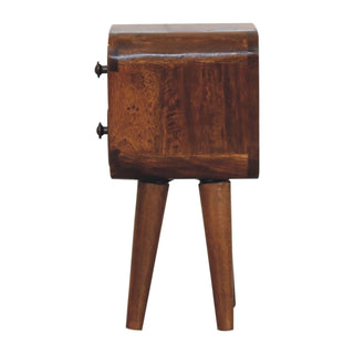 Side view of the dark chestnut bedside cabinet showing its depth and curved top edge.