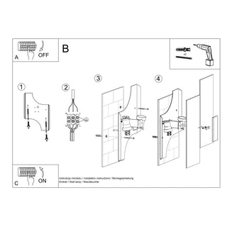 Black and white line drawing showing the four steps required to install the wall lamp fixture.