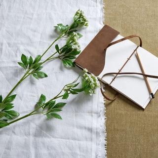 Faux cow parsley stem on white linen beside a brown leather journal and pencil on a textured khaki surface.