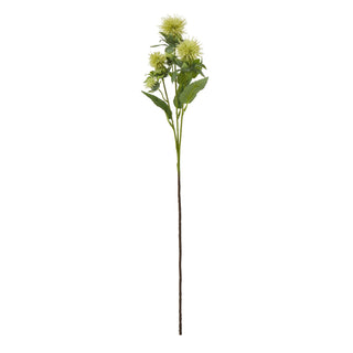 Plain front view of the faux green safflower stem with spiky flower heads and leaves.