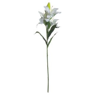 Single faux white lily stem with two open blooms and a closed green bud against a white backdrop.