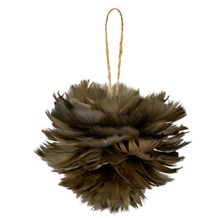 Plain front-on studio view of the medium spherical decoration made of layered fawn feathers with a twine hanger.