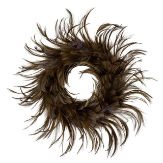 Plain front-on product shot of a circular wreath made from dark brown and fawn coloured feathers.