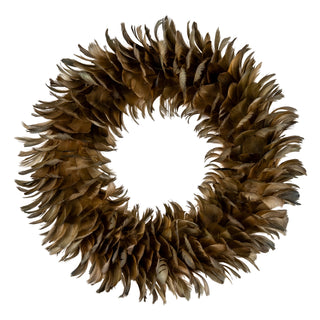 Plain front-on shot of the circular wreath made from layers of textured fawn feathers, isolated on white.