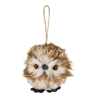 Fluffy round owl decoration with brown and white faux feathers, orange eyes, and a twine hanging loop.