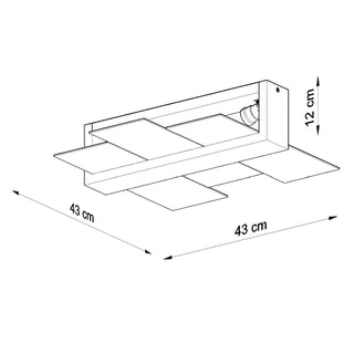 Technical line drawing showing the ceiling lamp dimensions: 43 cm wide, 43 cm long, and 12 cm deep.