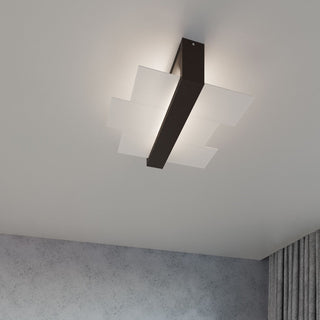 Dark wood and frosted glass fixture mounted on the ceiling, illuminating the white surface above.