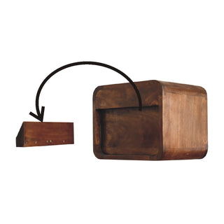Chestnut floating bedside unit shown next to its wooden mounting bracket, illustrating the installation method.