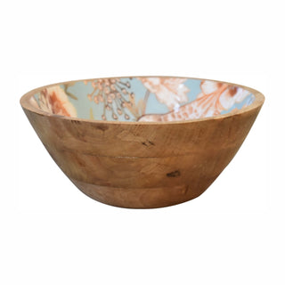 Profile view of the wooden bowl showing the natural exterior grain and the patterned teal interior lining.