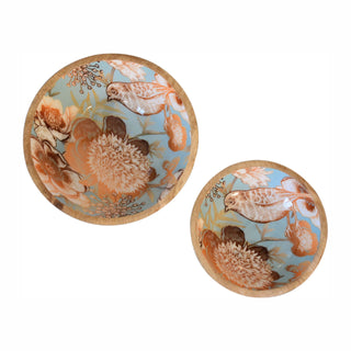 Close-up view of the interior pattern on both bowls, showing the detailed bird and large orange flower motifs.