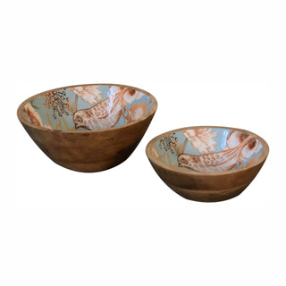 Set of two wooden bowls, large and small, with teal interiors featuring a brown bird and floral pattern.