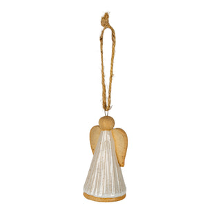 Rear view of the angel ornament, highlighting the natural ceramic wings and pleated white glaze.