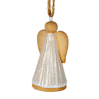Fluted conical ceramic angel ornament featuring a speckled white glaze and unglazed biscuit-coloured head and wings.