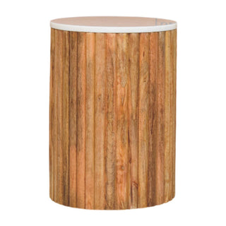 Cylindrical side table featuring a light marble top and a drum base covered in vertical wooden fluting.
