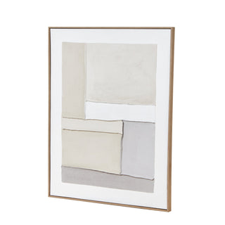 Angled view of the canvas art, showing the light wood frame and the textured, layered geometric composition.