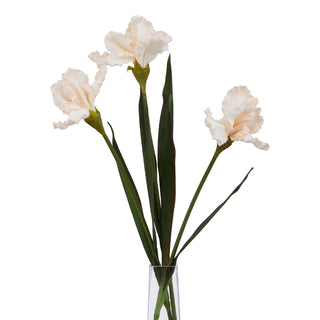 Three pale apricot artificial iris stems displayed together in a clear glass vase against a white background.