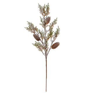Frosted cypress branch spray featuring three pinecones, shown front-on against a white background.