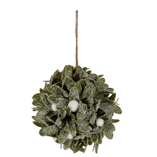 Frosted green mistletoe ball with white berries, hanging from brown twine. Studio shot against white.