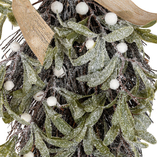 Close-up of the swag showing the frosted mistletoe leaves, white berries, and natural hessian ribbon texture.