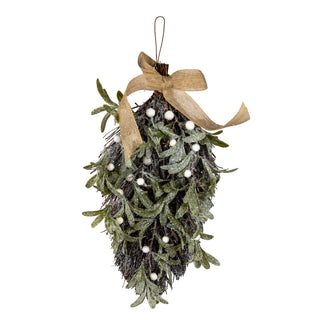 Frosted mistletoe and pine swag decorated with white berries and a natural hessian ribbon bow.