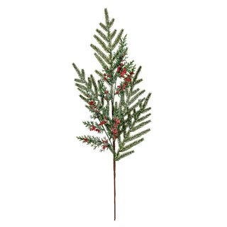 Front view of a single frosted artificial pine branch spray with red winter berries against a white background.