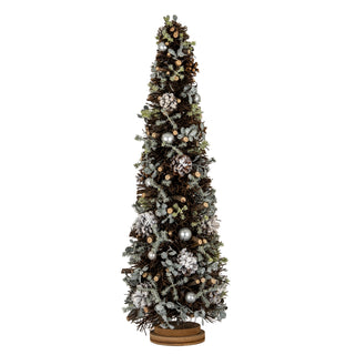 Frosted forest tree decoration made of twigs, pinecones, silver baubles, and pearl berries, shown front-on.