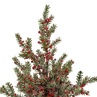 Close-up detail of the frosted green foliage and artificial red and dark winter berries.