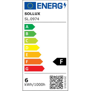 EU energy efficiency label for the G9 LED bulb, showing an F rating and 6 kWh/1000h consumption.