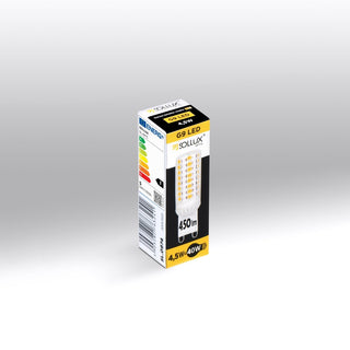 Angled view of the G9 LED bulb retail box, showing the window displaying the warm white LED chips inside.