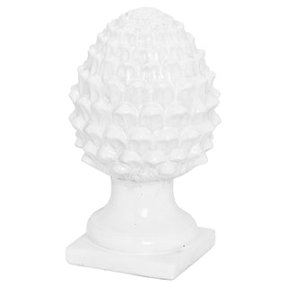 White ceramic decorative acorn finial with crackled glaze on a square base. Plain front-on product shot.