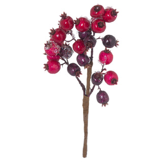 Artificial stem with glossy red and dark purple berries, some frosted, shown front-on.