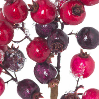 Extreme close-up showing glossy red and purple berries with glitter frosting and stem detail.