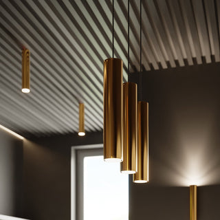 Gold cylindrical lights used as pendants, flush fittings, and wall lights in a modern interior.