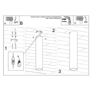 Technical line drawing showing the installation instructions for the cylindrical ceiling light fitting.