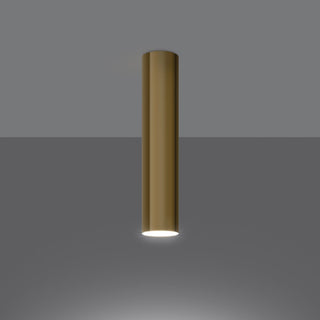 Gold cylindrical ceiling light switched on, casting a bright downward beam onto a dark grey surface.
