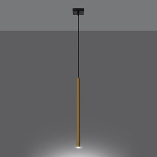 Gold cylindrical pendant light switched on, showing the downward beam against a dark grey background.