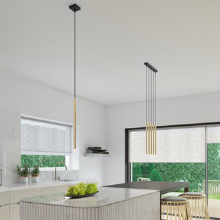 Gold cylindrical lights contrasting with black ceiling roses and cables in a bright white modern kitchen.