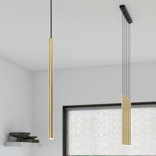 Single gold pendant light shown next to a five-light cluster version in a modern room setting.
