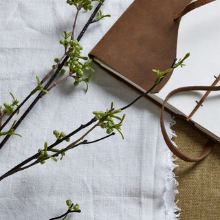 Close-up of the small green berries and dark stems against white linen and brown leather sketchbook.
