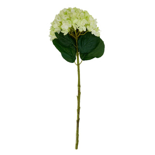 Single artificial green hydrangea stem shown full length on a white background.