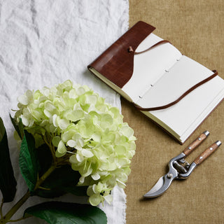 Green hydrangea stem styled with a leather journal and secateurs on white and brown fabric.