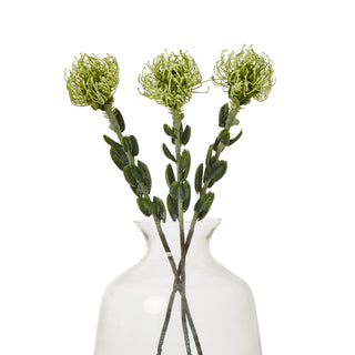 Three artificial green protea stems displayed in a clear glass vase.
