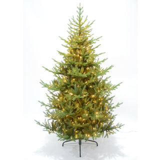 7ft artificial green spruce Christmas tree, pre-lit with warm white LEDs, against a white background.