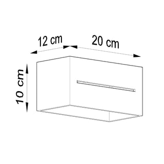 Technical line drawing showing the dimensions of the rectangular wall lamp: 10 cm high, 12 cm deep, 20 cm wide.