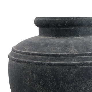 Close-up showing the weathered texture and the ridged shoulder detail of the grey ceramic Amalfi planter.