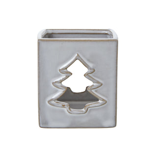 Grey square ceramic tealight holder with a glossy glaze and a central Christmas tree cut-out.