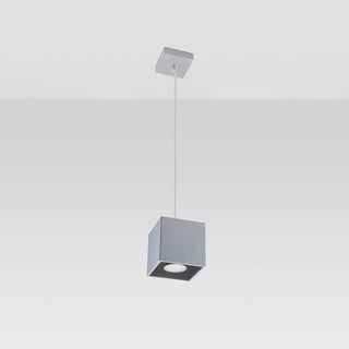 Grey textured cube pendant lamp, showing the square ceiling rose and suspension wire.