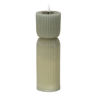 Grey fluted LED candle with a carved bobbin shape, shown front-on.